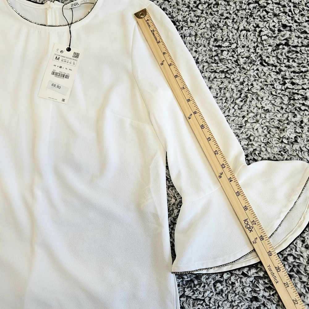 Zara White Top M Medium Flare Sleeve Rhinestones Minimalist Dressy Glam Tunic - Picture 15 of 16